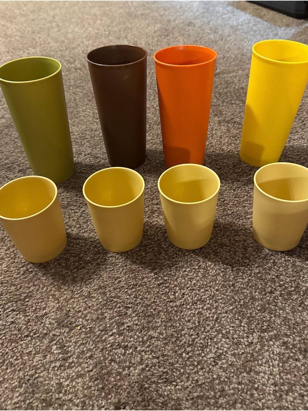 Vintage, Assorted Plastic Tumblers and Cups - Yellow, Orange, Green, Brown